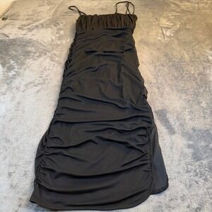 Lulus Black Ruched Mesh Spaghetti Strap Bodycon Midi Dress Womens Small